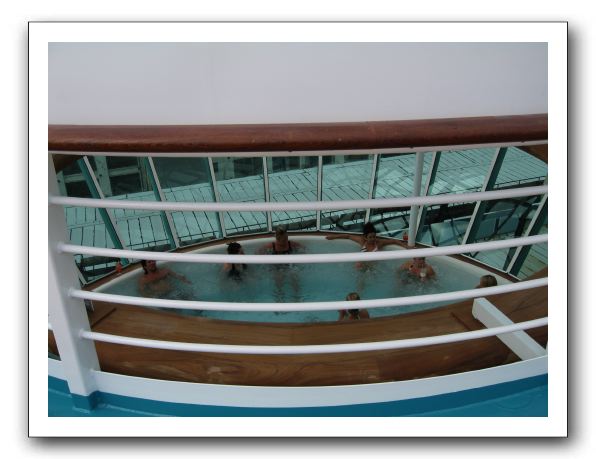 View down to the cantilevered hot tubs